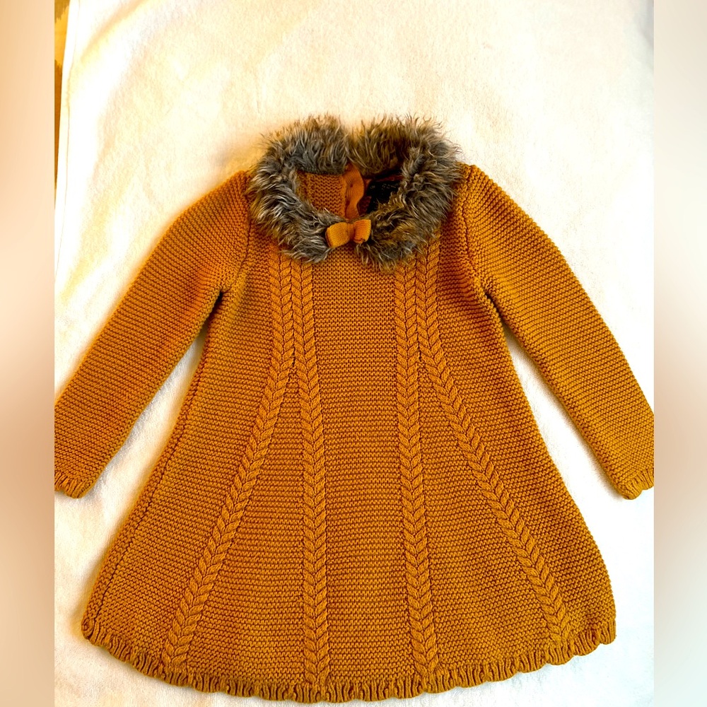 Cozy Mustard Knit Dress with Faux Fur Collar